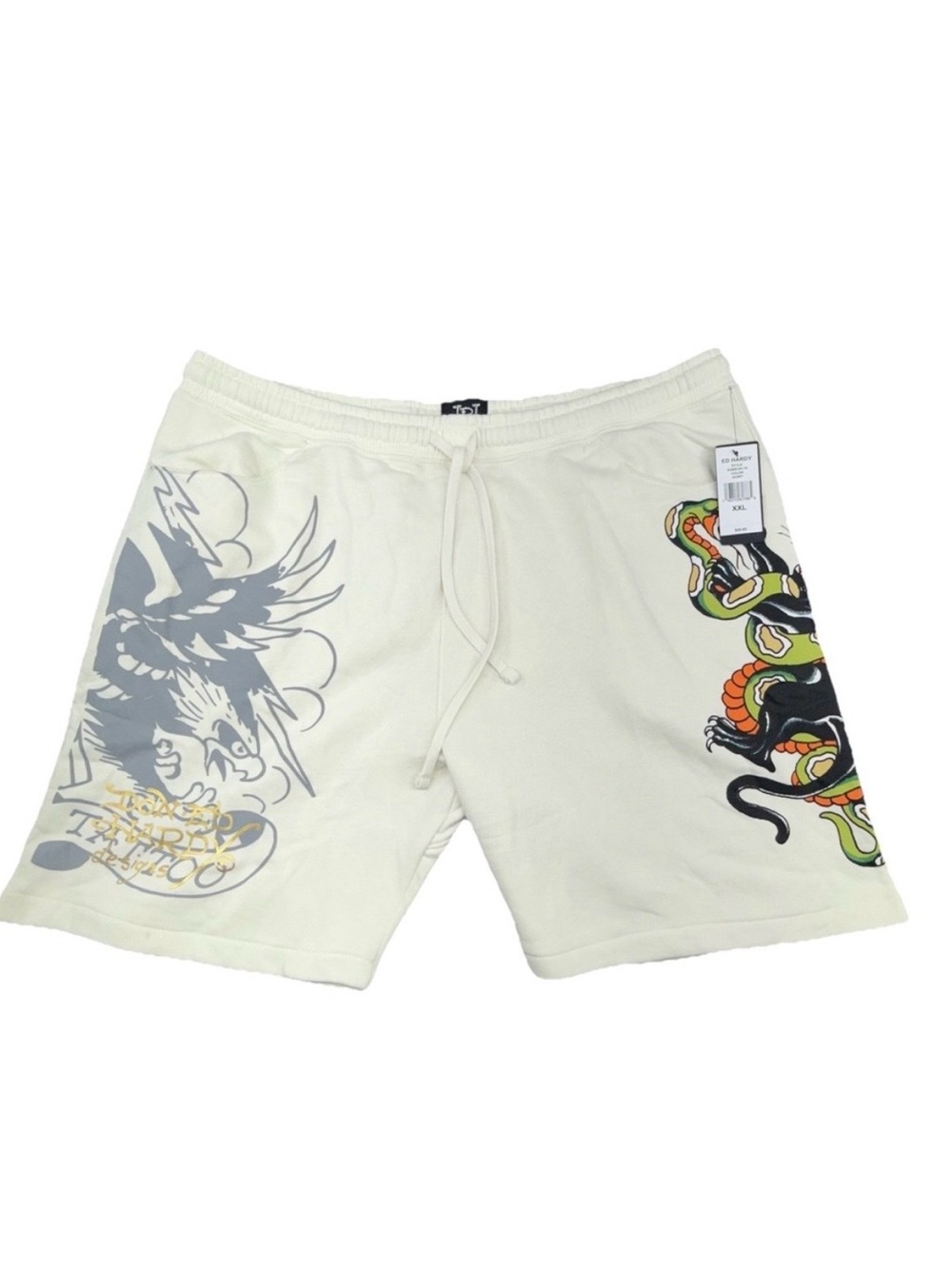 Ed Hardy Cream Graphic Men’s Shorts with Dragon and Eagle Prints - Picture 1 of 7